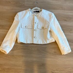 Zara off-white/ White Textured Cropped Jacket